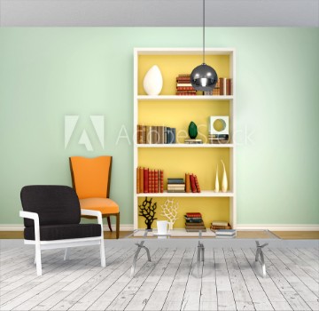 Picture of 3d illustration of books on the shelves of the decor in the inte
